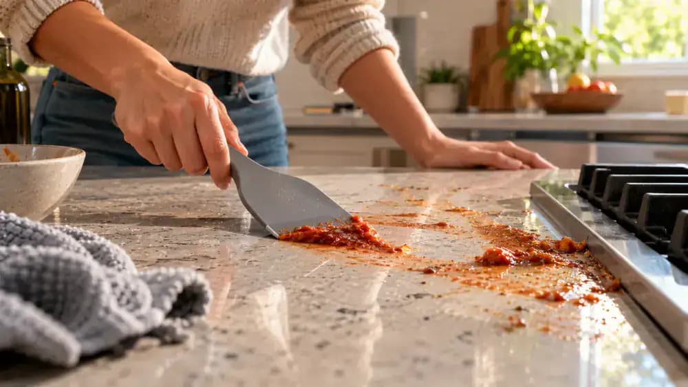 Close-up of a homeowner gently lifting softened dried tomato sauce from a light gray engineered quartz countertop using a nonabrasive plastic scraper held at a shallow angle, with a damp microfiber cloth nearby.