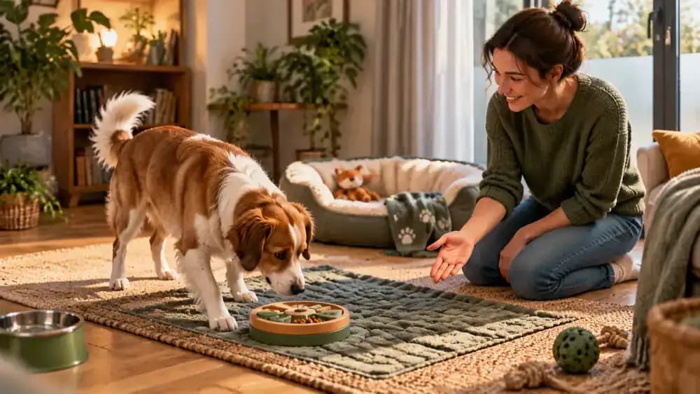 Dog exploring a cozy resting corner with a comfortable bed, training mat, and food puzzle while its owner encourages calm settling.