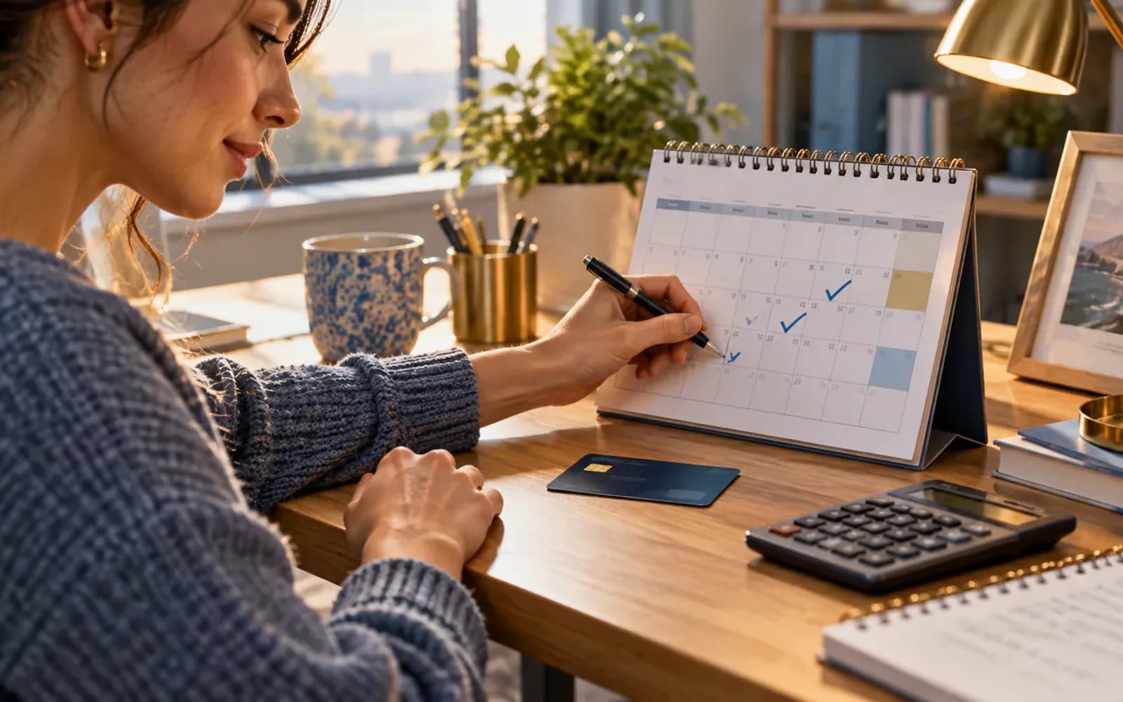 Calendar with recurring credit card payment dates marked complete