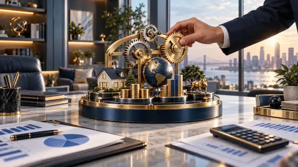 Precision mechanical gears adjust a miniature diversified investment portfolio.