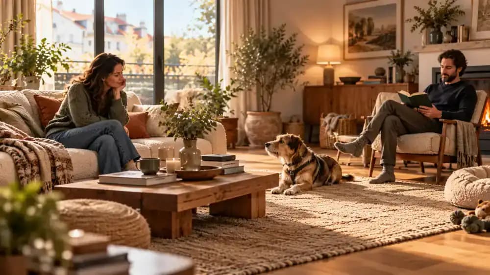 Two adults sitting quietly several feet apart in a living room while a newly adopted dog watches the second adult from a comfortable distance with an open path to its retreat.