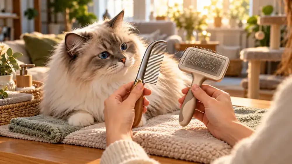 Metal grooming comb with rounded tips and a soft slicker brush arranged on a clean tabletop beside a long-haired cat receiving a gentle brush test.