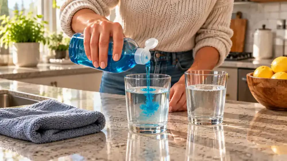 Homeowner preparing a gentle quartz countertop cleaning solution by pouring 2 cups of warm water into a clear glass bowl, adding three drops of mild dish soap, and wringing out a microfiber cloth beside a stainless steel kitchen sink.