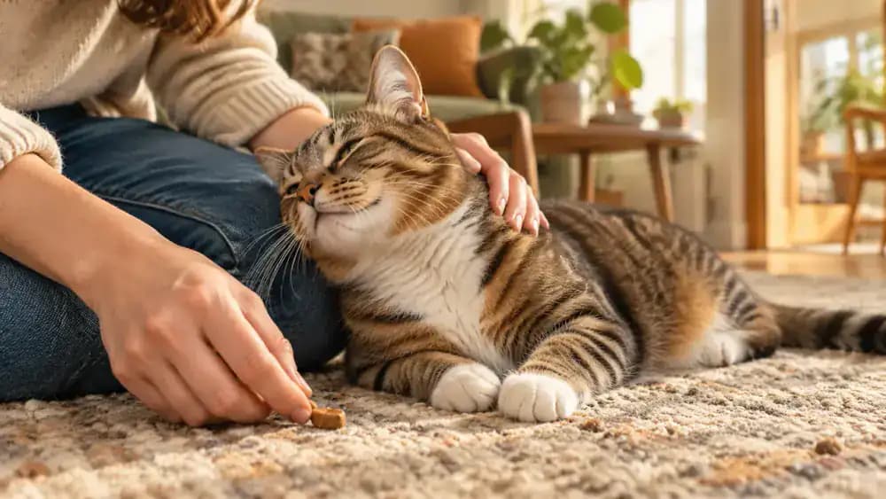 An owner briefly touching a relaxed cat's shoulder before withdrawing their hand and placing a small treat on the floor.