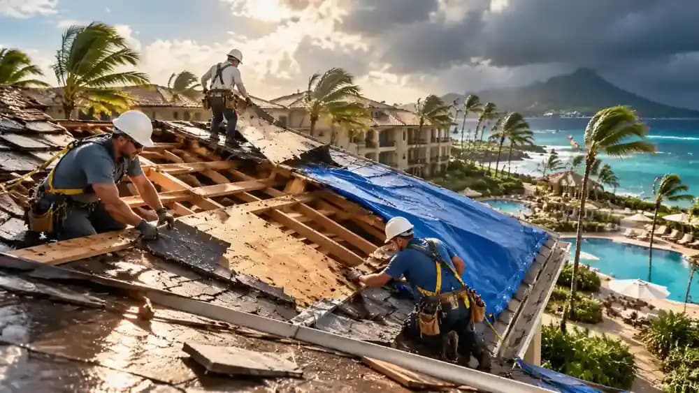 Resort roof undergoing repairs after storm damage.