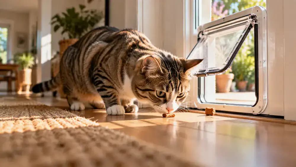 An owner places small treats near an open pet flap as a cat sniffs the frame and explores the doorway.