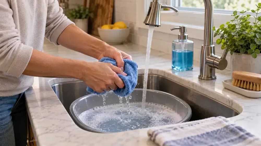 Adult homeowner mixing mild dish soap with warm water and wringing a microfiber cloth until damp beside a dry laminate countertop seam.