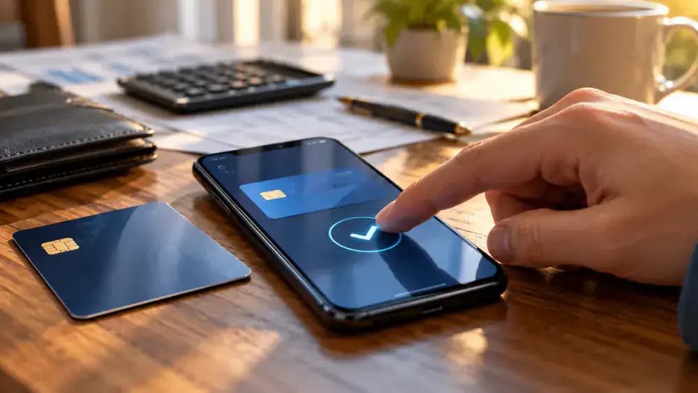 Finger interacting with an unbranded smartphone payment interface connected to a bank account.