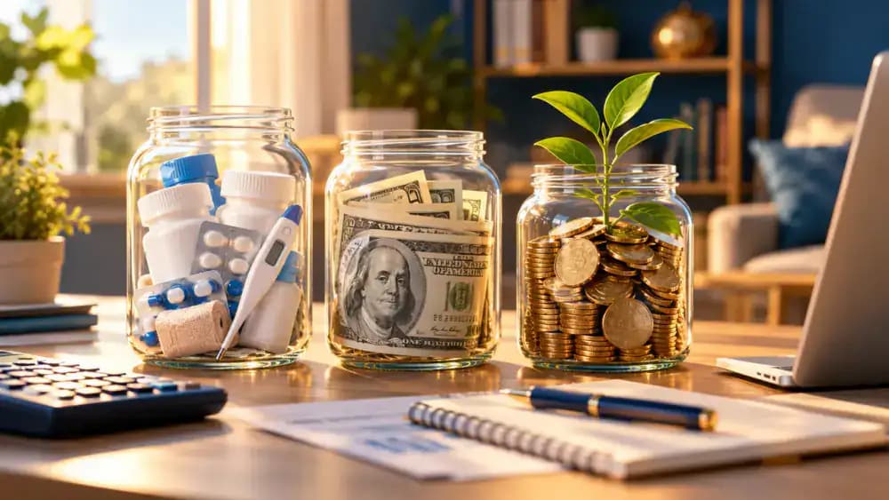 Three savings jars representing healthcare spending, accessible savings, and investments.