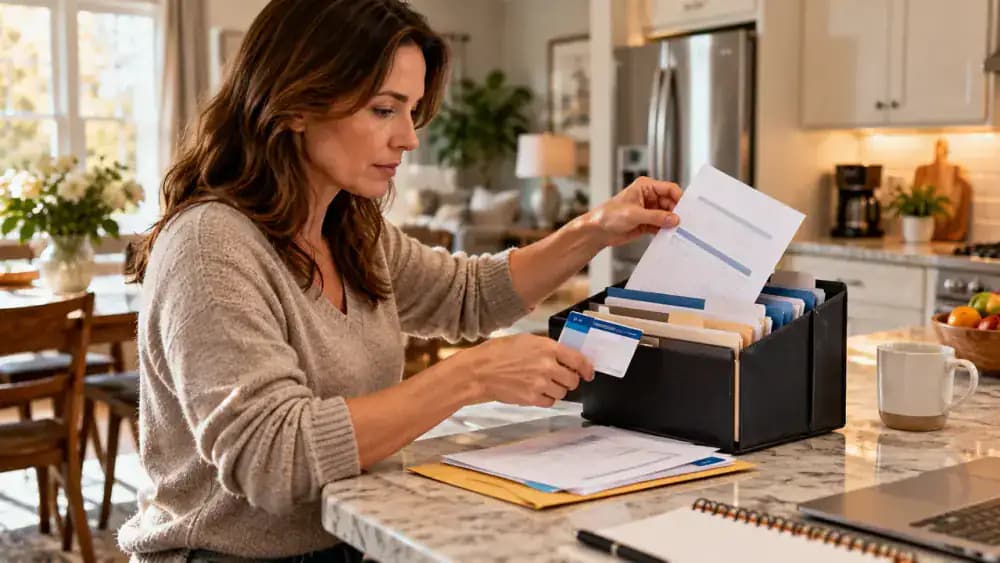 Adult organizing a fictional medical referral notice, insurance card, patient portal message, and scheduling instructions in a blue document organizer on a tidy kitchen counter, with a tablet calendar nearby.