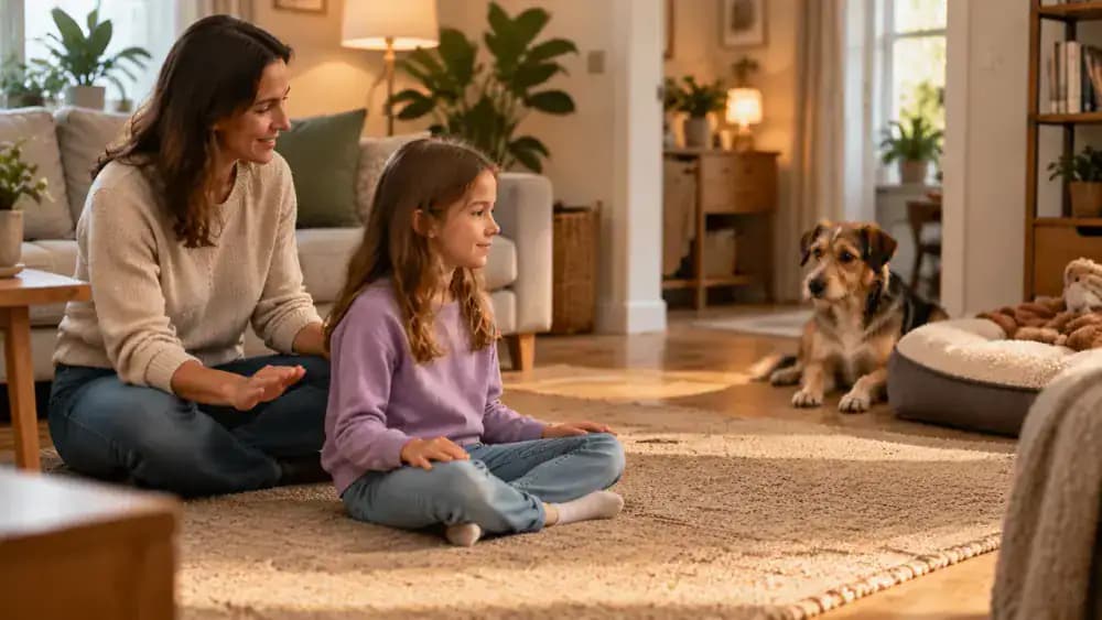 Adult kneeling beside a school-age child and demonstrating calm body language while the child practices keeping their hands at their sides near a newly adopted dog.