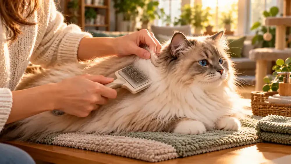 Owner gently brushing a small section of a long-haired cat's coat with one hand supporting the fur near the roots and the other holding a comb.