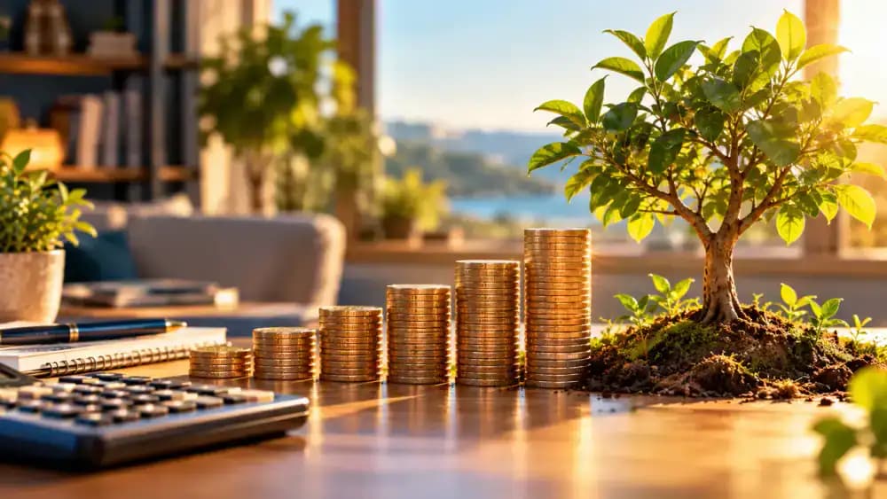 Increasing stacks of coins beside a growing tree illustrating hypothetical compounded investment returns.