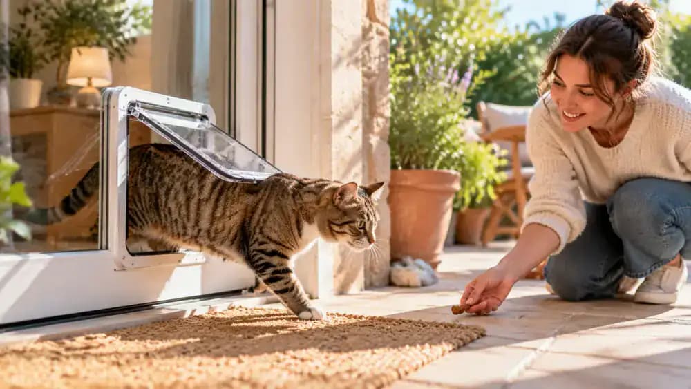 A cat steps through a fully open pet flap toward a treat while its owner waits nearby with hands clear of the cat.