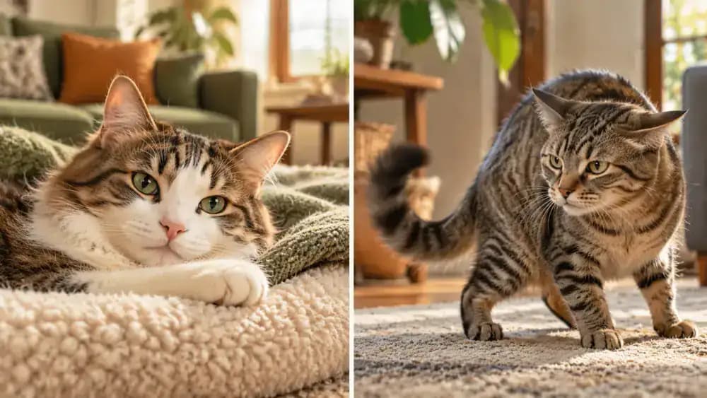 A comparison of one cat resting with soft eyes and a relaxed body and another showing sideways ears, twitching back skin, and a flicking tail.