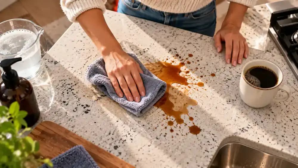 Overhead close-up of a homeowner gently wiping a coffee spill from a light gray engineered quartz countertop with a damp microfiber cloth, using overlapping strokes from the outer edges toward the center.
