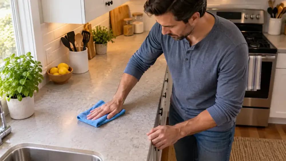 Adult homeowner wiping a small section of a laminate countertop with a barely damp microfiber cloth, using overlapping passes while avoiding a visible seam and backsplash joint.