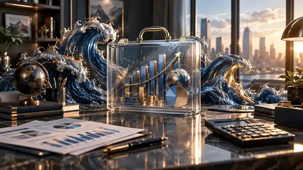 A transparent investment portfolio faces turbulent financial waves and shifting market conditions.