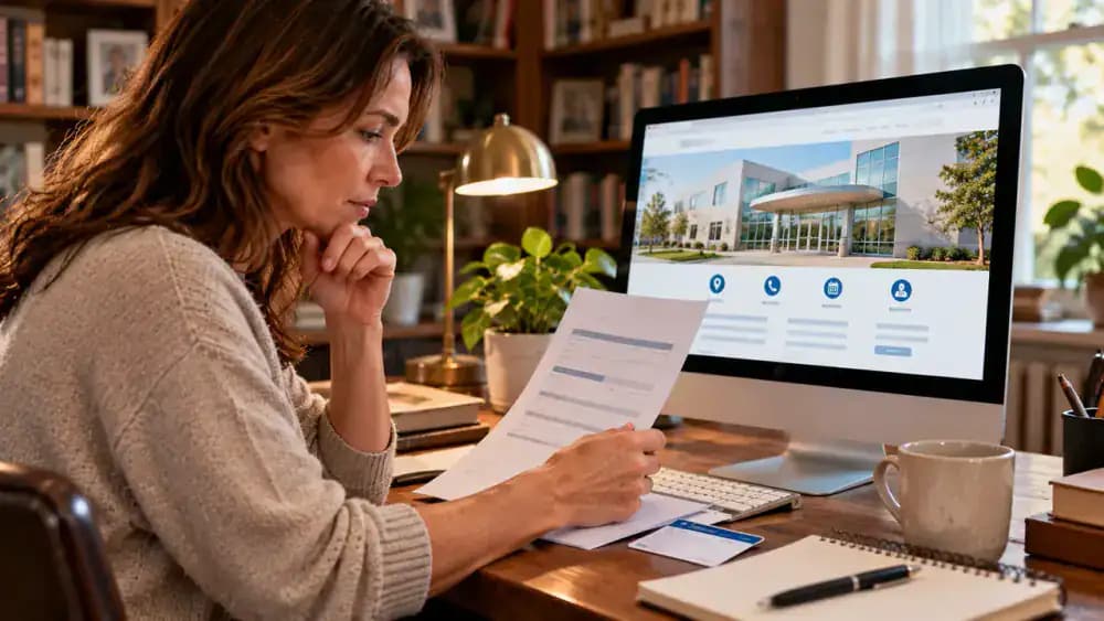Adult at a privacy-screened library computer comparing a fictional medical practice phone number with a referral notice, closing a suspicious records-upload email, and saving tracking notes in a locked digital folder.