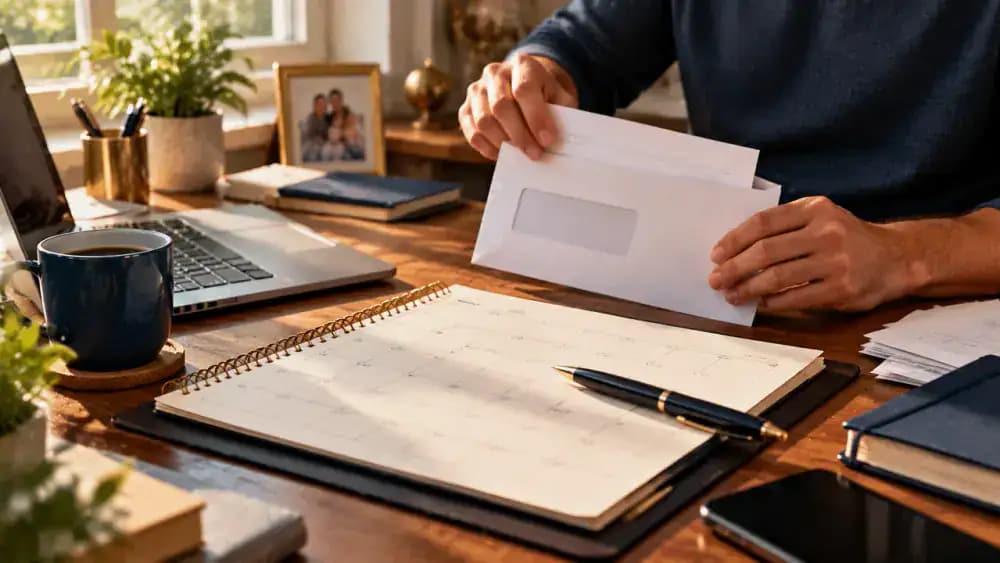 Official legal envelope beside a calendar and pen on a home office desk.