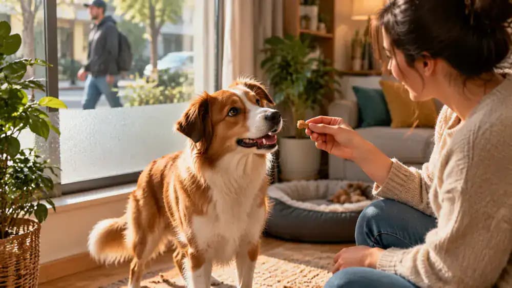 Dog turning away from a partially covered window toward its owner to receive a small treat, with the owner calmly increasing distance when needed.
