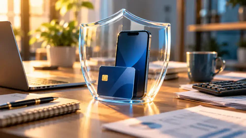 Transparent protective shield surrounding a smartphone and bank card, symbolizing consumer rights and dispute protections.