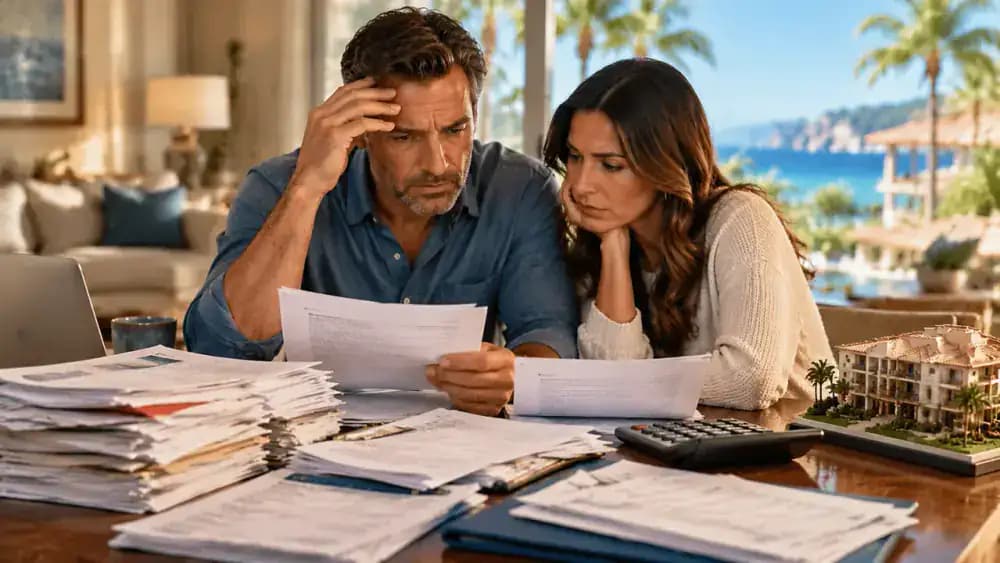 Overdue bills and resort documents beside a concerned homeowner.