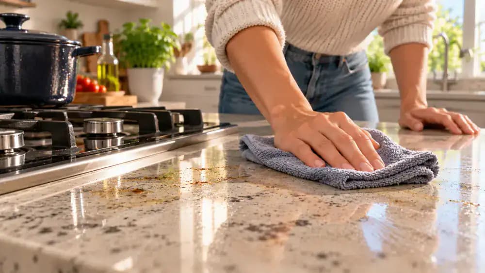 Low-angle close-up of a homeowner removing greasy cooking film and oily fingerprints from a light gray engineered quartz countertop beside a cooktop using a damp microfiber cloth and gentle overlapping strokes.