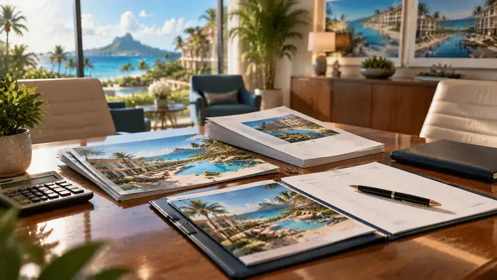 Timeshare listing documents on an empty real estate sales desk.