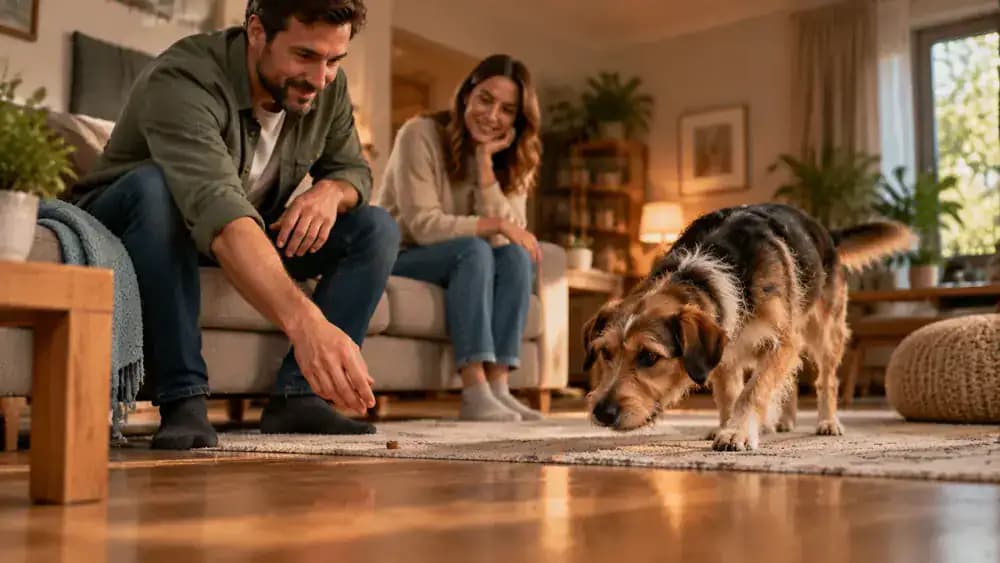 Newly adopted dog voluntarily approaching a seated adult who gently tosses a small treat onto the floor while keeping their hands relaxed.