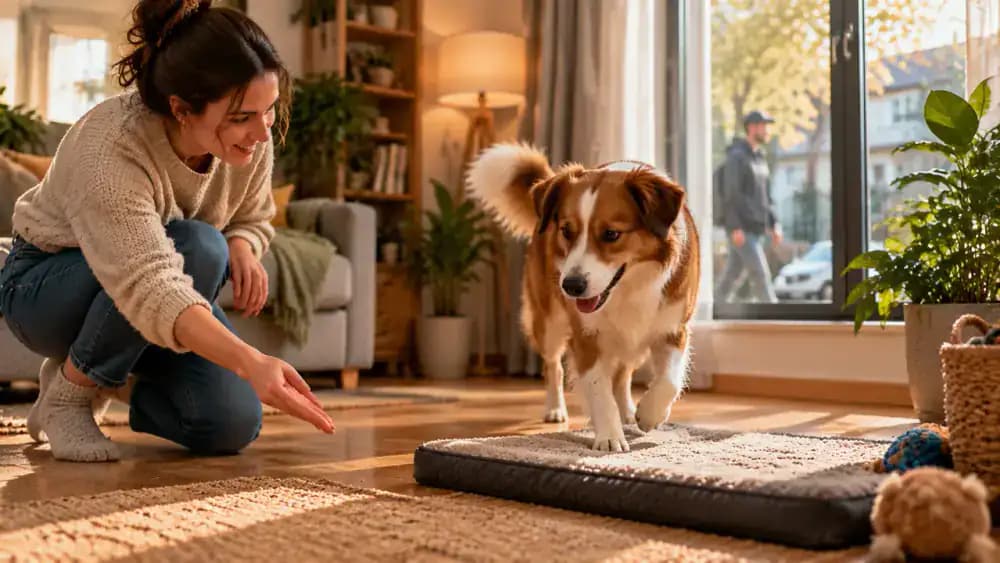 Owner practicing the verbal cue this way with a dog in a quiet room, rewarding the dog for following toward its mat as a person passes outside.