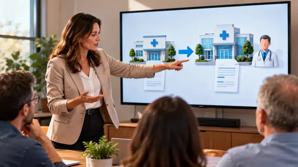 Instructor pointing to fictional referring office and receiving specialist fields on a sample referral document while entering both offices' contact details into a digital tracking checklist.