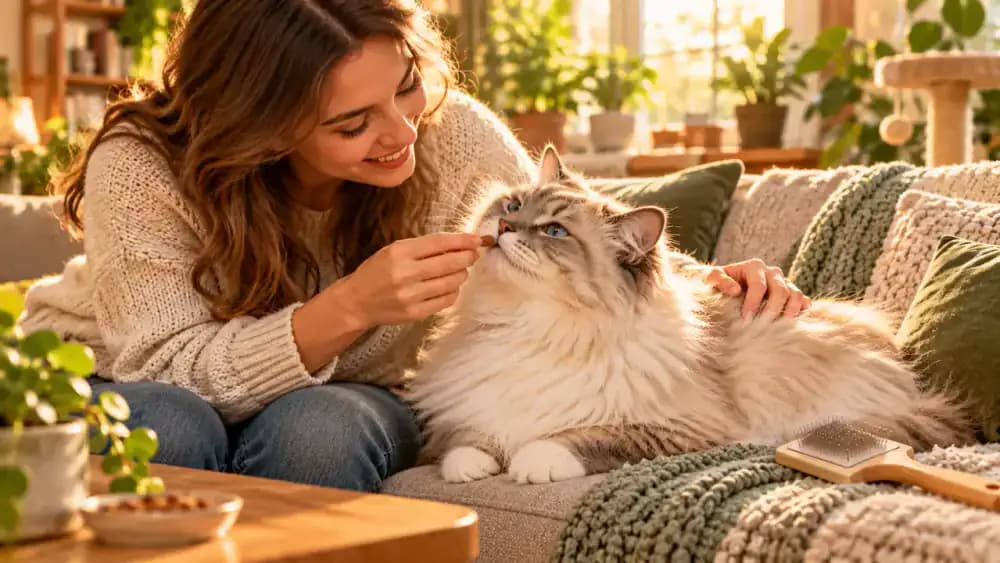 Owner gently brushing a long-haired cat on a sofa, offering a small treat and allowing the relaxed cat to rest beside the grooming station.