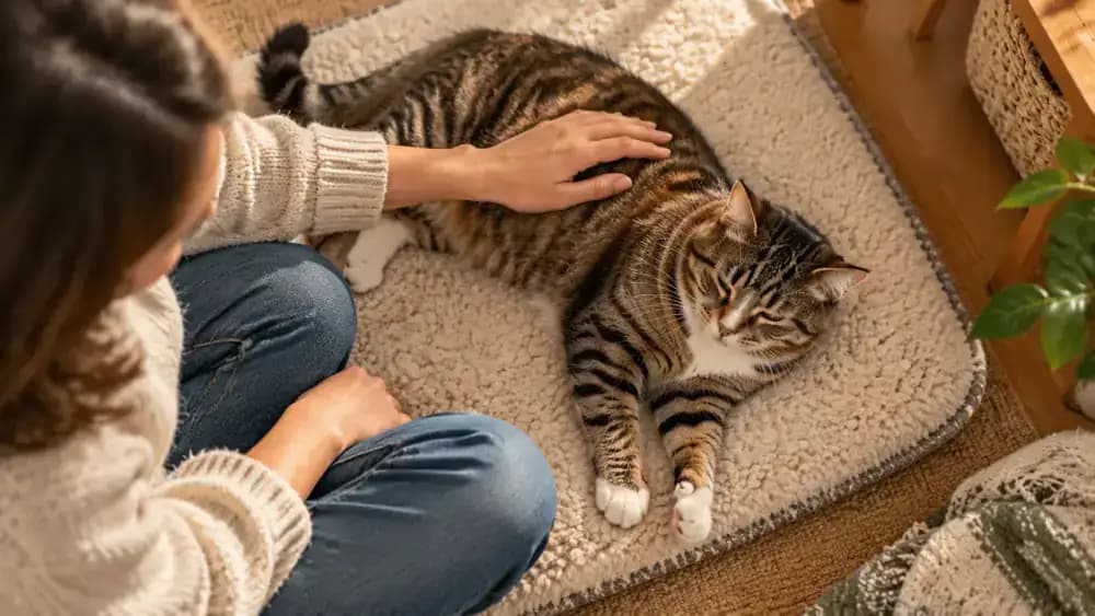 A calm cat resting on a soft mat as its owner demonstrates a brief shoulder touch, moves toward the back, and brings a hand near one paw without grasping it.