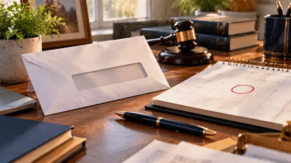 Unopened court envelope beside a calendar highlighting an important date.