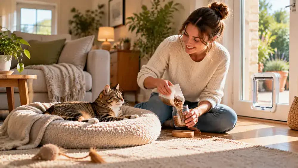 An owner rewards a cat after relaxed pet flap crossings before the cat rests comfortably on its favorite cushion.