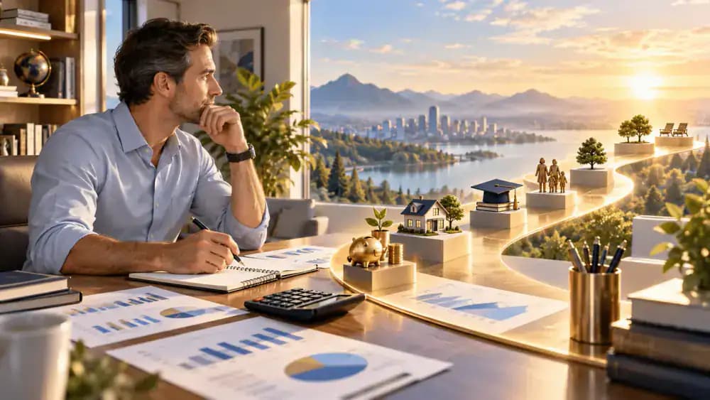 An investor surveys a long financial horizon marked by symbolic calendar blocks.