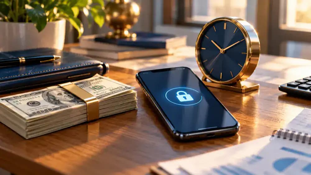 Small stack of dollar bills beside a secured smartphone and clock representing the initial unauthorized-transfer liability tier.