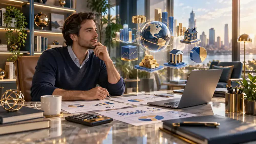 An investor at a modern workstation considers floating stock, bond, and portfolio symbols.