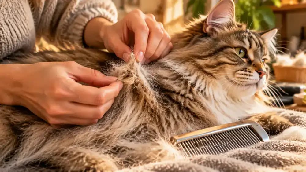 Close-up of an owner gently separating a small tangle in a long-haired cat's coat with fingertips and a comb, then stopping when a tight mat near the skin is encountered.