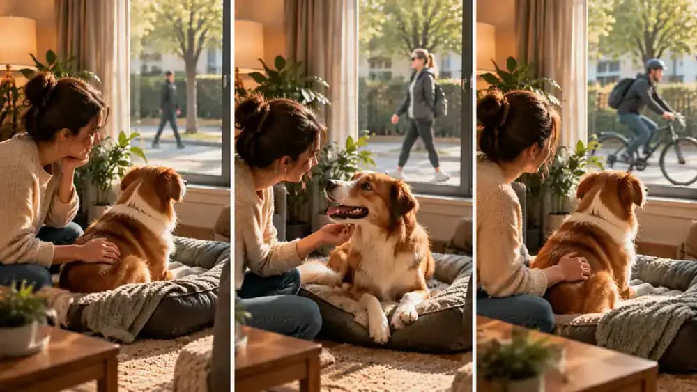 Dog calmly checking in with its owner as a distant pedestrian passes, followed by a nearby walker and a cyclist outside the window.