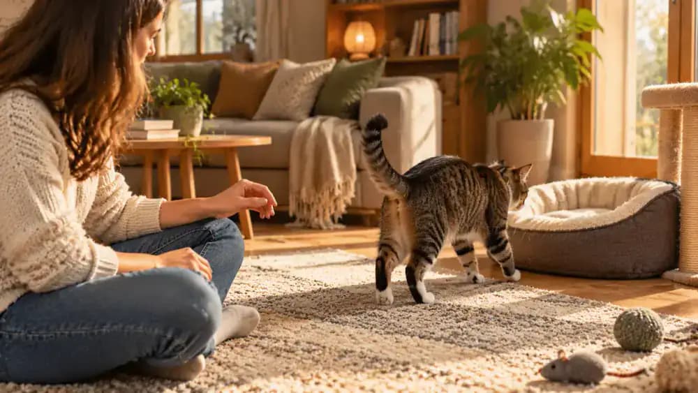An owner withdrawing their hand as a cat begins to tense, allowing the cat to walk toward a nearby bed without restraint.