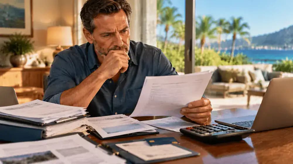 Cautious consumer examining a suspicious exit service contract and payment request.