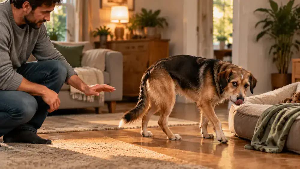 Newly adopted dog turning its head away, licking its lips, and lowering its tail as an adult stops reaching and gives it a clear path to its bed.
