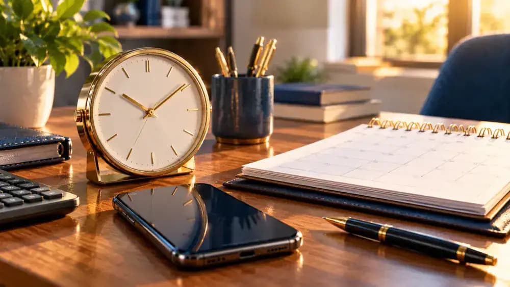 Analog desk clock next to a smartphone and blank calendar pages emphasizing prompt reporting of a missing payment device.