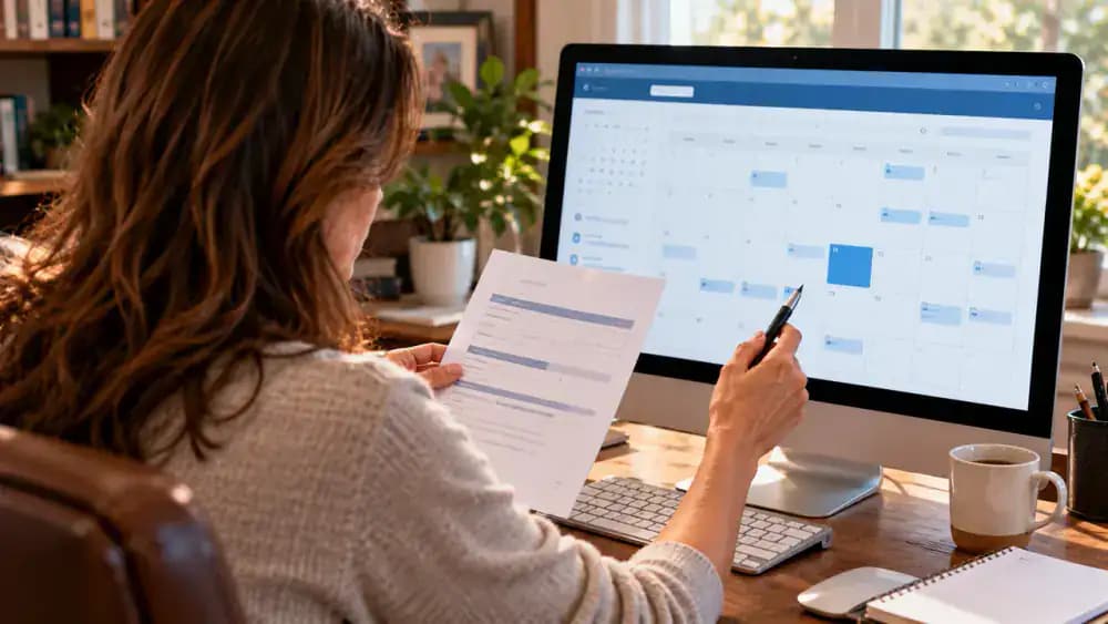 Laptop displaying a fictional patient portal referral date and scheduling instructions beside a digital tracker recording the request date, scheduling responsibility, contact department, and next action.