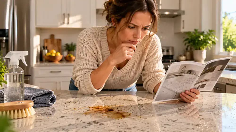 Homeowner inspecting a remaining greasy patch on a light gray engineered quartz countertop beside the cooktop, gently wiping with a microfiber cloth, and checking manufacturer care instructions before selecting an approved quartz cleaner.