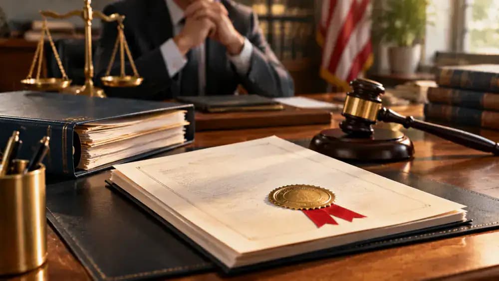 Court judgment document beside a judge's gavel and legal folder.