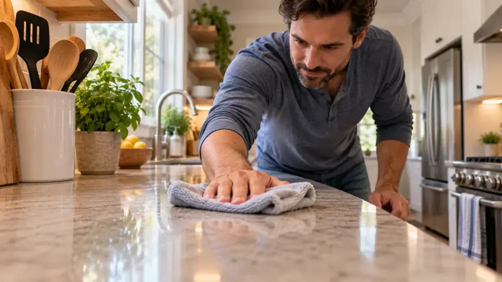 Adult homeowner wiping a laminate countertop beside a stove with a second barely damp microfiber cloth while checking the surface from a low angle for soap streaks and keeping nearby seams dry.