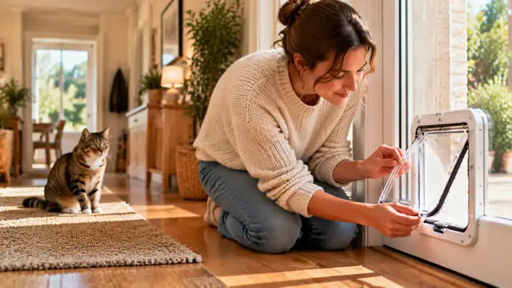 An owner gently moves a transparent pet flap panel while a cat watches safely from several feet away.
